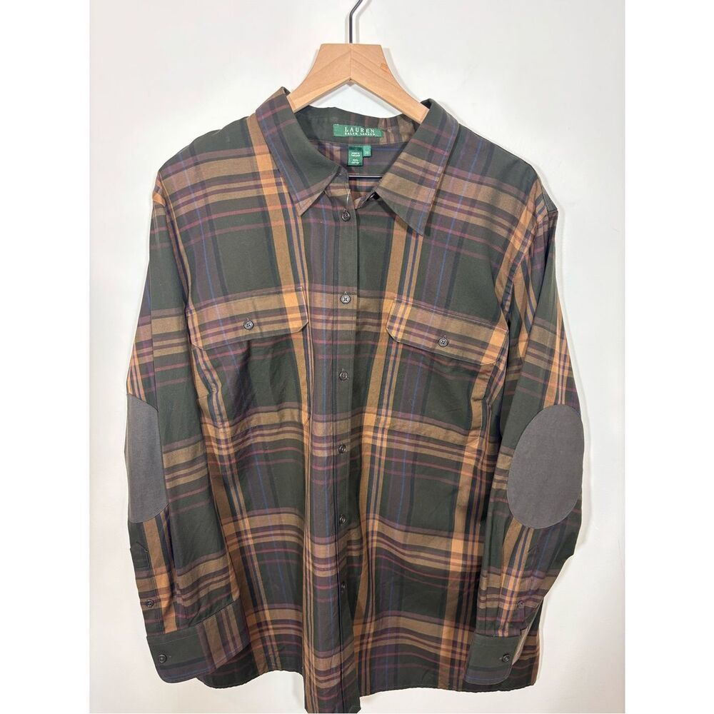 Lauren Ralph Lauren Women’s Button Up Dress Shirt Plaid 3X NWT Elbow Patches - Picture 2 of 12